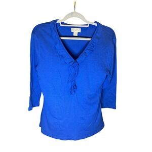 Duck Head Jeans Co Royal Blue V Neck 3/4 Sleeve Ruffle Tie Top Women's XL
